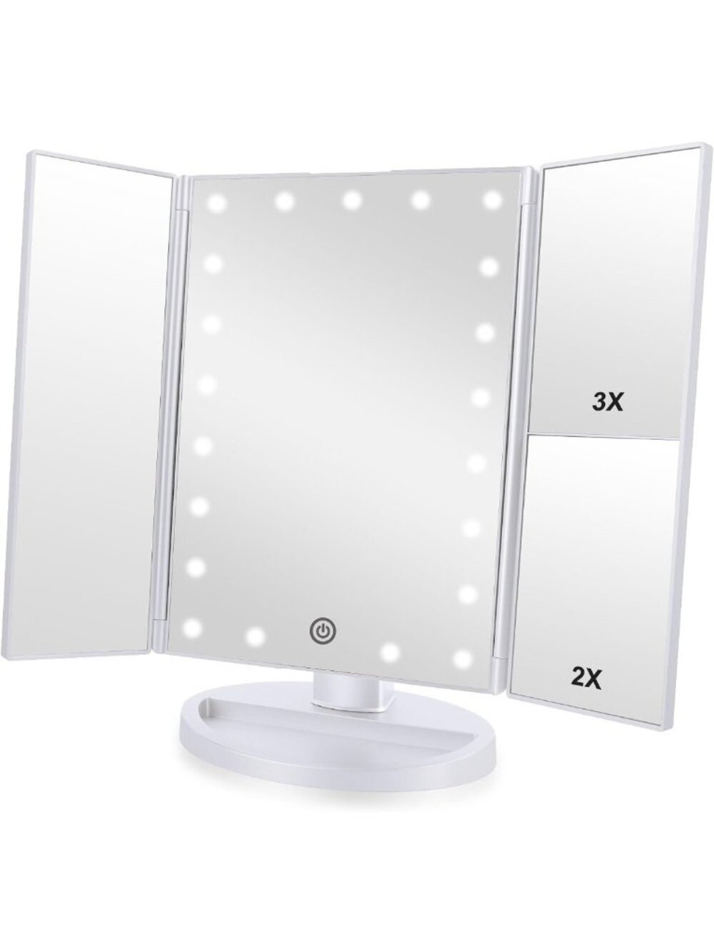 Tri-Fold Lighted Makeup Mirror with 3x/2x Magnification & Touch Screen, 180°